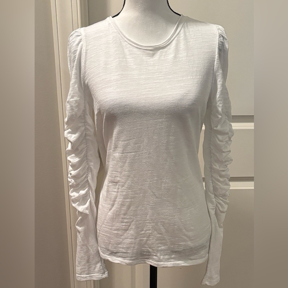 Free People We The Free White Long Sleeve Top with Ruched sleeve Detail